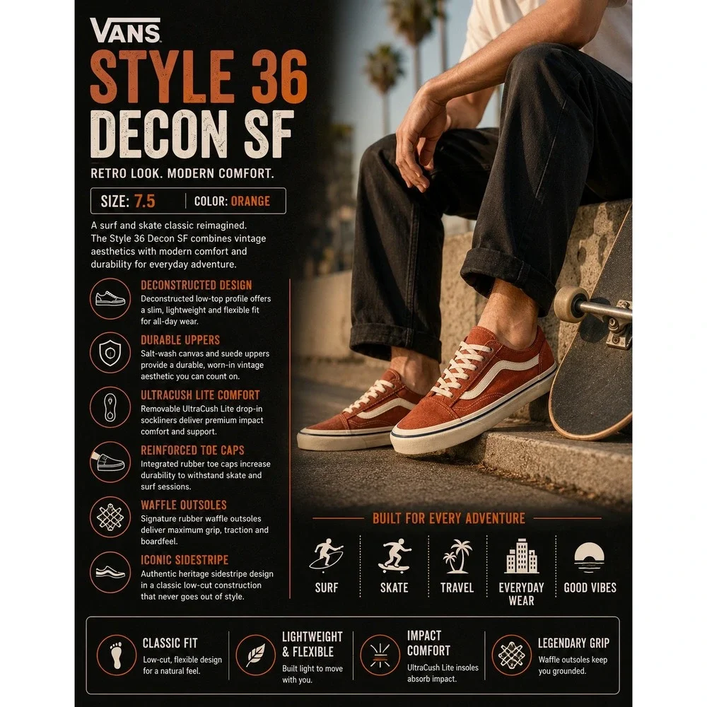 Vans Style 36 Decon SF Mens Size 7.5 Potters Clay Orange‎ Sneakers VN0A3MVL228